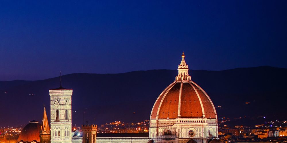 Tuscany Florence Panorama Right After Sunset. Italy, Europe. Panoramic Photo.